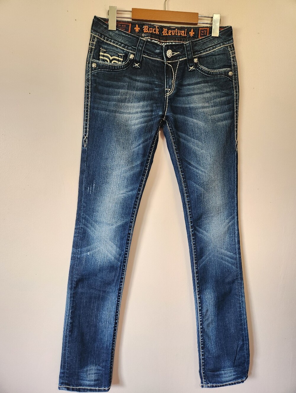 Rock Revival Kristen Straight Leg Jeans Size 27 Y2K Thick Stitch Flap Pocket